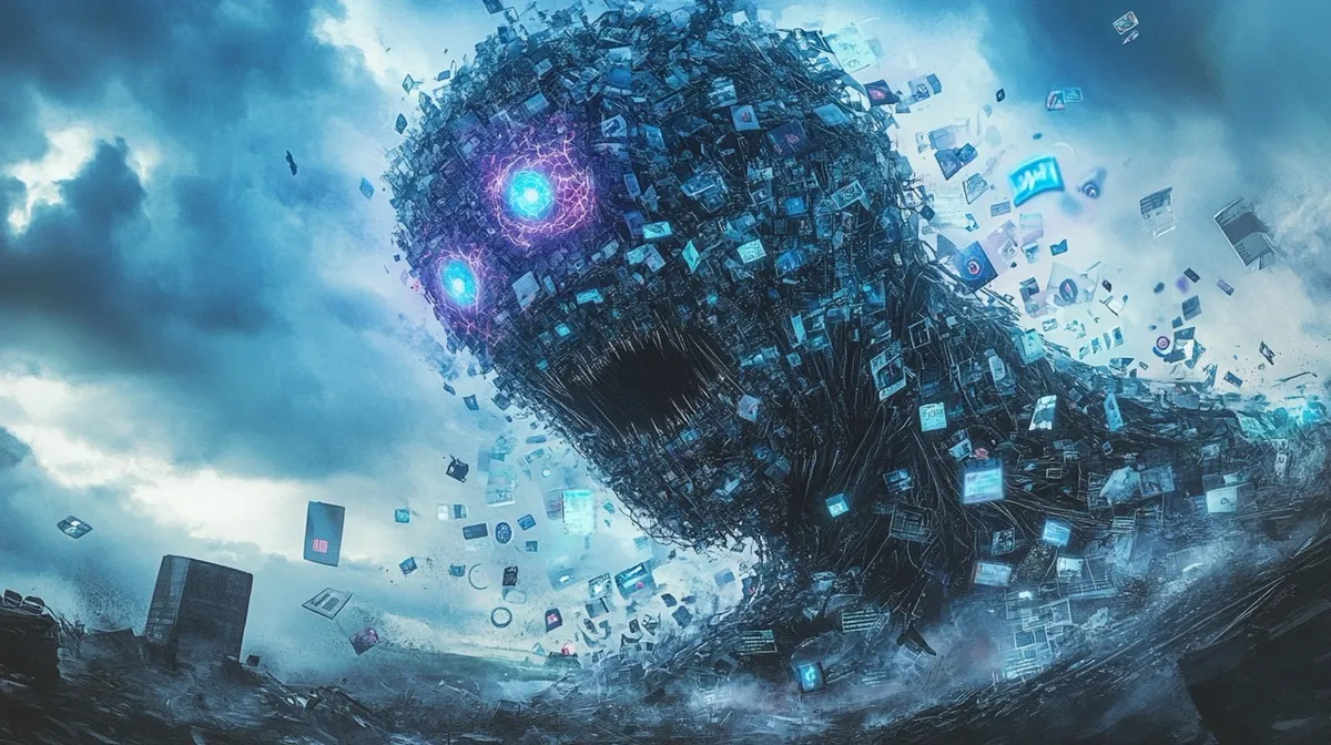 AI generated art by Adam Levoy – A surreal, digital depiction of a massive artificial intelligence entity consuming a flood of digital content and websites, with glowing eyes and a stormy, apocalyptic atmosphere.