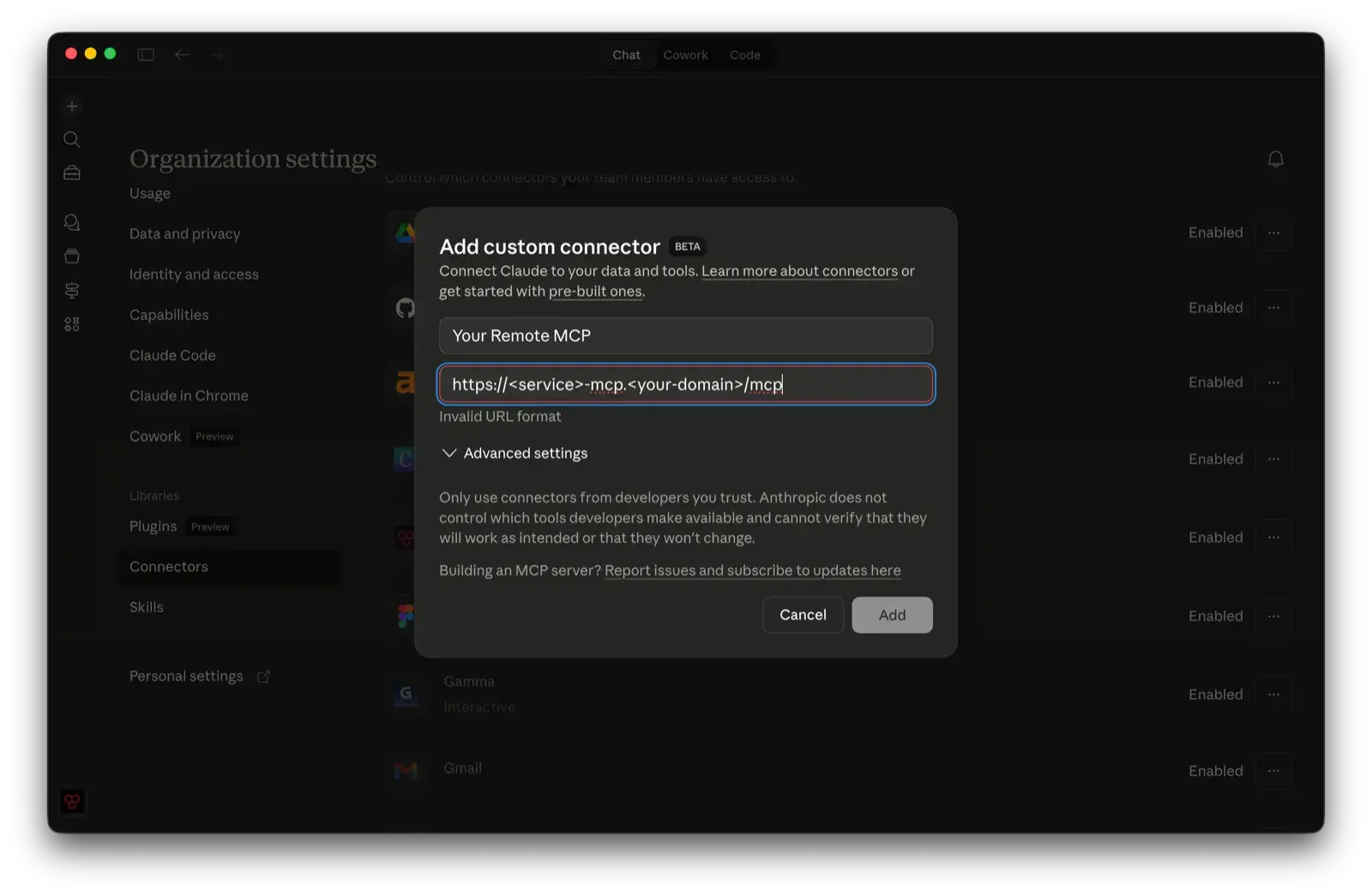 Adding a custom connector to Claude's Organization settings