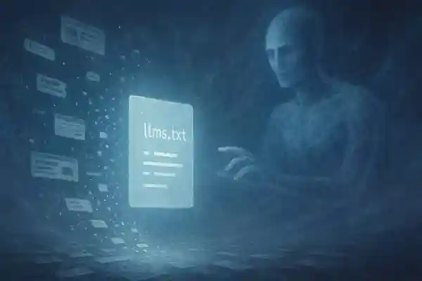 AI generated surreal digital painting by Adam Levoy, depicting a glowing 'llms.txt' document floating in a dark, ethereal landscape. Fragmented website elements dissolve into the air around it, while a translucent, humanoid AI figure reaches gently toward the file. Rendered in cool blues and purples, the scene symbolizes a new form of communication between humans and machines.